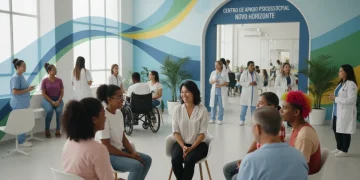 Pessoas diversas recebendo apoio em saúde mental, simbolizando as novas políticas públicas no Brasil em 2026.