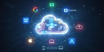 Logotipos de aplicativos de nuvem flutuando ao redor de um ícone de nuvem digital, representando armazenamento de dados.