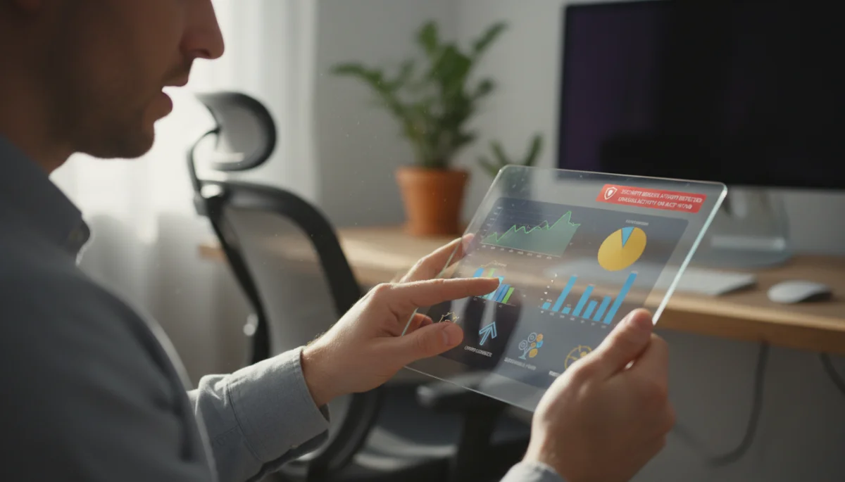 Pessoa utilizando tablet com dashboard financeiro, monitorando investimentos e alertas de segurança.