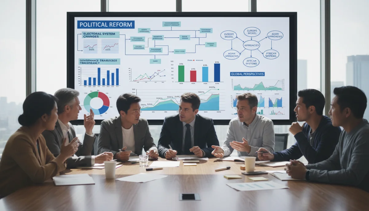Grupo diversificado debatendo intensamente sobre propostas de reforma política, com gráficos ao fundo.