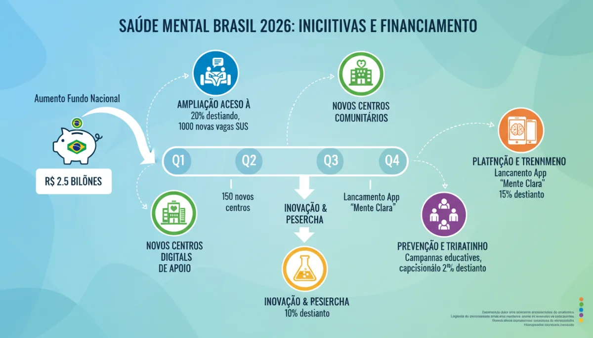 Infográfico detalhando as iniciativas e alocação de recursos para saúde mental no Brasil em 2026.