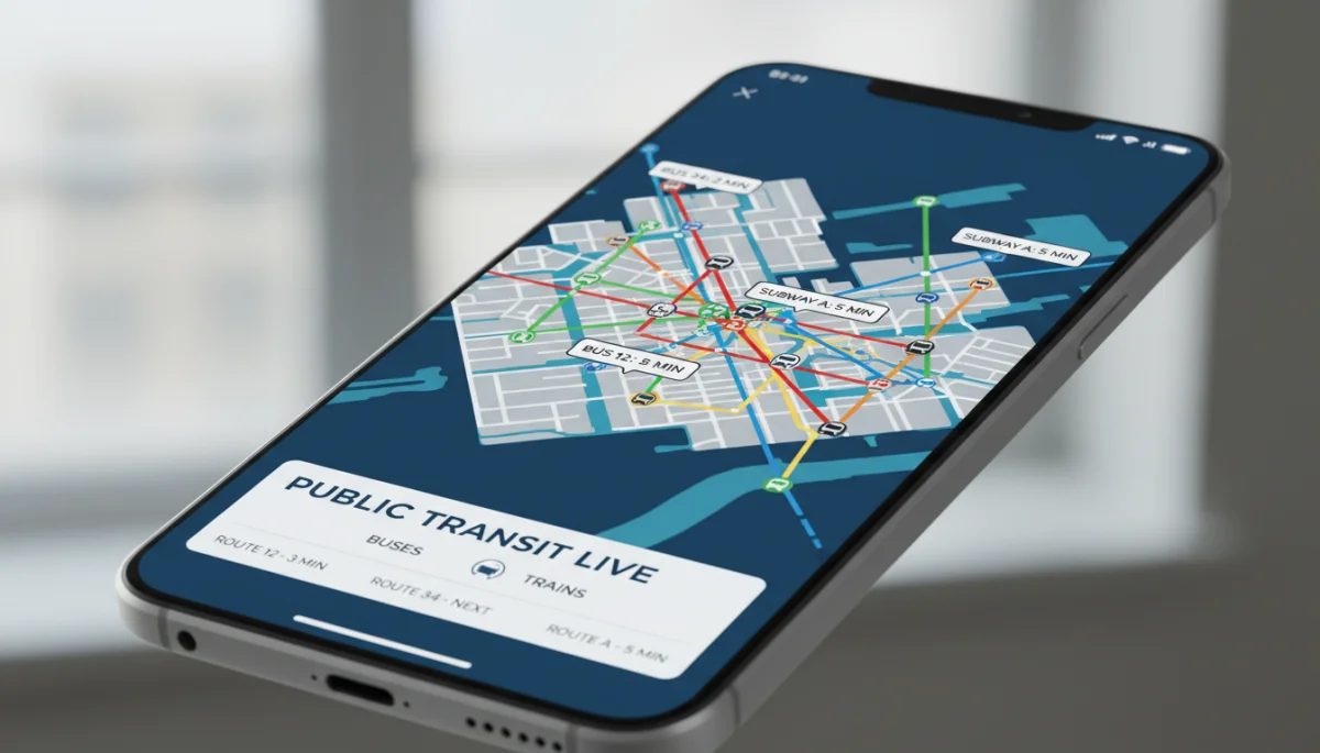 Tela de smartphone exibindo mapa de rotas de transporte público em tempo real
