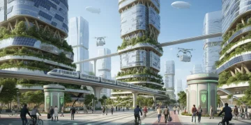 Paisagem urbana futurista com jardins verticais e infraestrutura sustentável em 2026