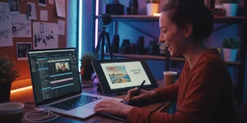 Pessoa editando vídeo em tablet com interface de aplicativo