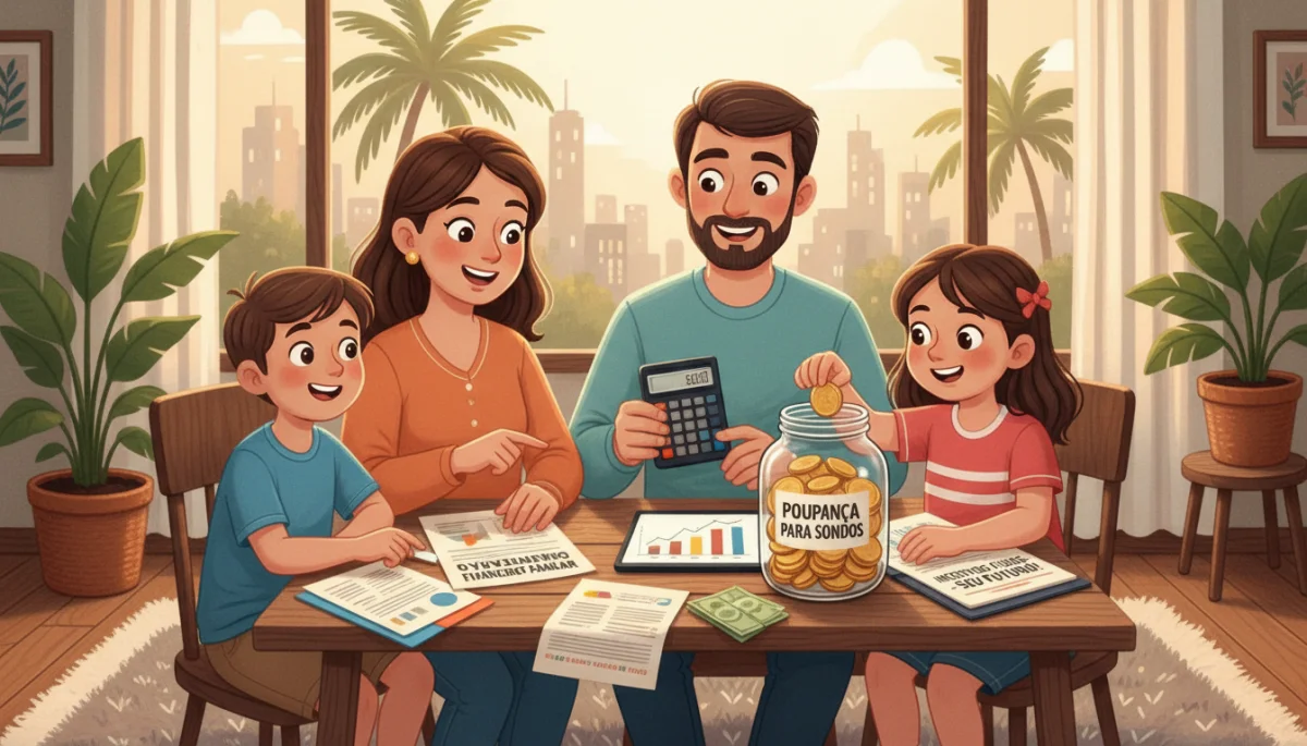 Família brasileira analisando documentos financeiros, planejando o futuro com o auxílio de incentivos fiscais.