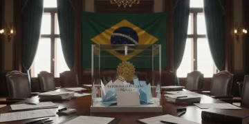 Urna eleitoral com bandeira do Brasil ao fundo, simbolizando a reforma política e as mudanças eleitorais para 2026.
