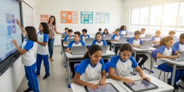 Alunos de escolas públicas brasileiras utilizando tablets e lousas interativas em sala de aula moderna, simbolizando a Tecnologia na Educação 2026.