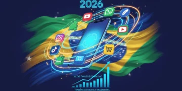 Smartphone exibindo ícones de aplicativos populares e tendências de download no Brasil em 2026.