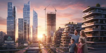 Cenário urbano moderno ao pôr do sol com edifícios residenciais e comerciais, simbolizando o crescimento do mercado imobiliário em 2026.