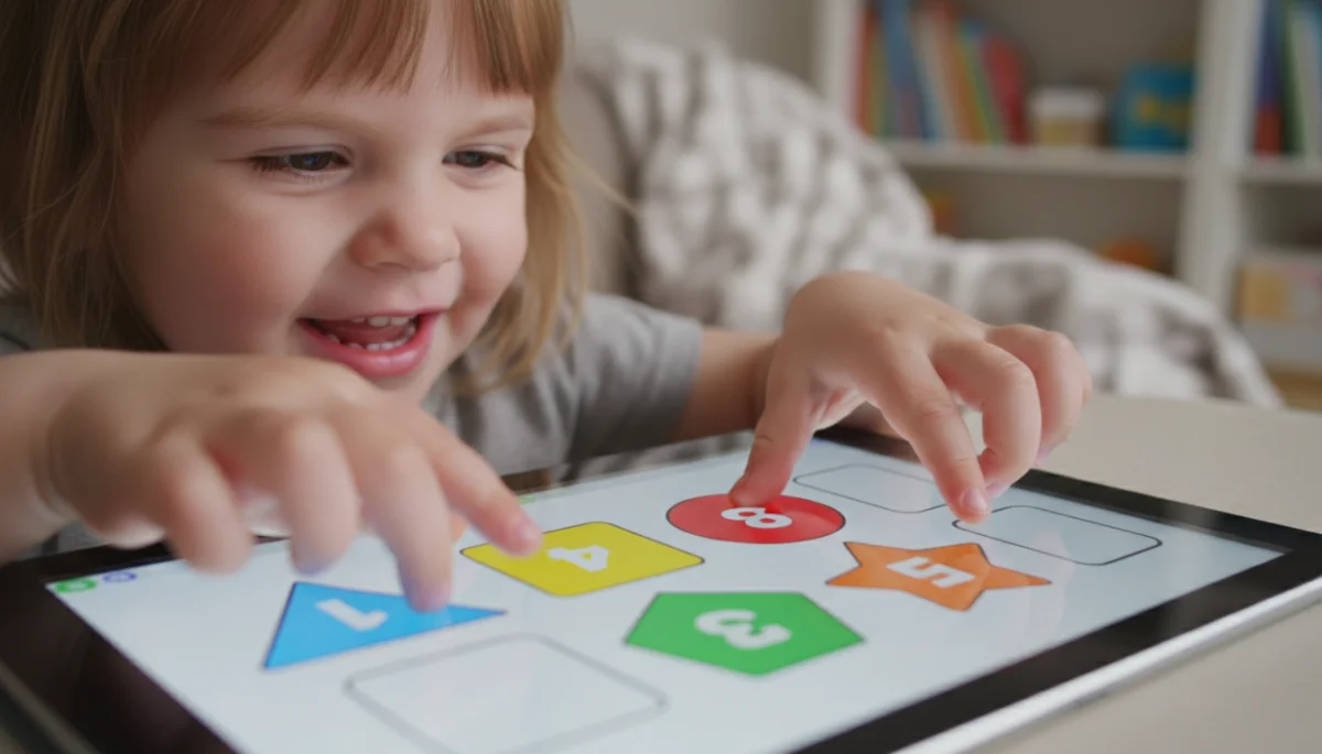 Mãos de criança concentrada jogando um aplicativo educativo em um tablet, com foco em um jogo de quebra-cabeça de formas e números.