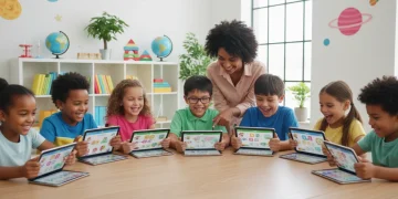 Crianças felizes interagindo com tablets e aplicativos educativos sob a supervisão de um adulto, em um ambiente de aprendizado moderno.