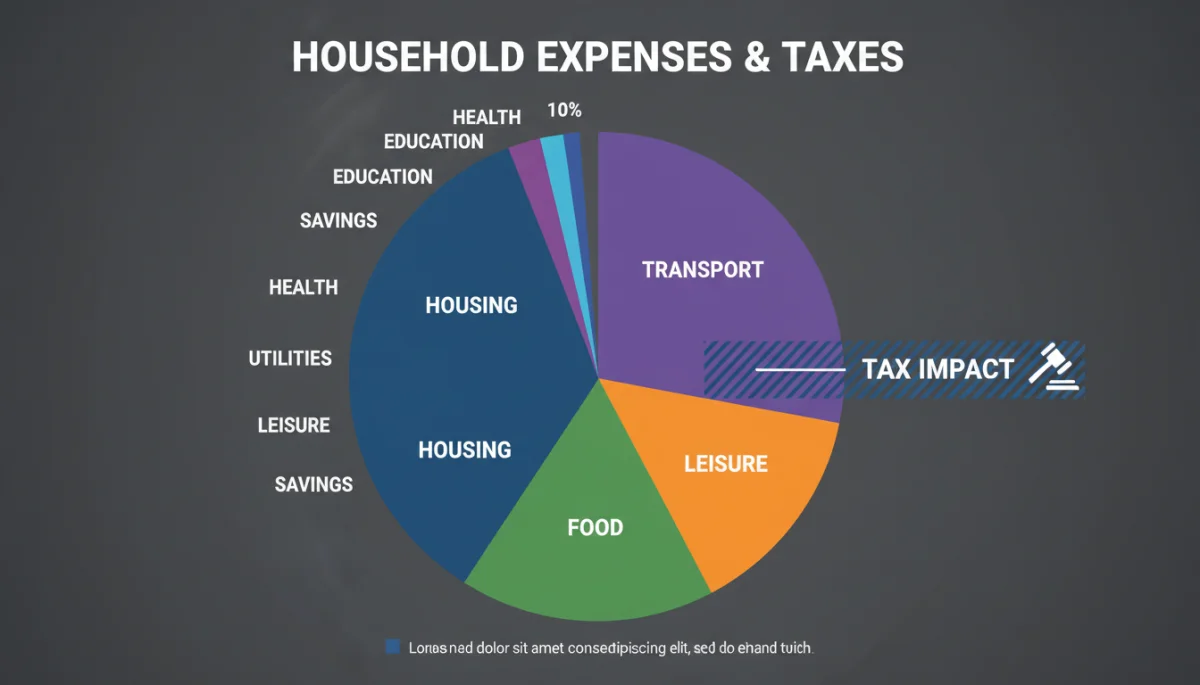 Gráfico de pizza detalhando despesas familiares, com destaque para categorias que serão afetadas pela reforma tributária.