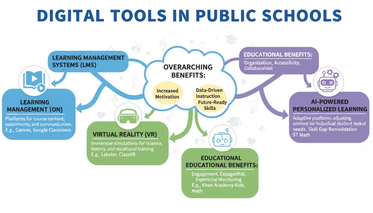 Infográfico detalhando as diversas ferramentas digitais e plataformas de aprendizagem sendo implementadas nas escolas públicas.