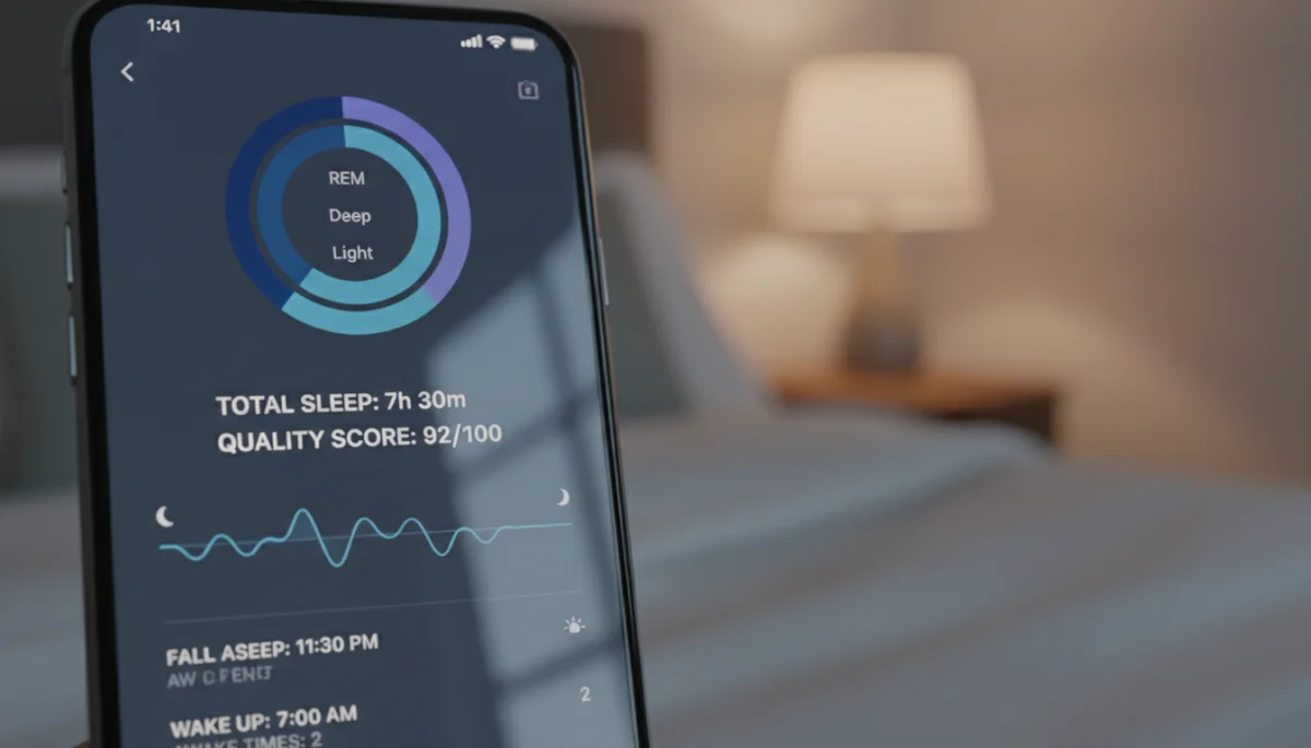 Interface de um aplicativo de monitoramento de sono exibindo gráficos e dados detalhados sobre os ciclos de sono.