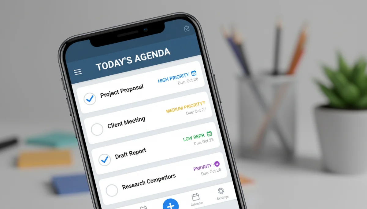 Interface de aplicativo de gerenciamento de tarefas em smartphone, mostrando organização e priorização.