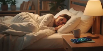 Pessoa dormindo tranquilamente na cama com um smartphone na mesa de cabeceira exibindo um aplicativo de sono.