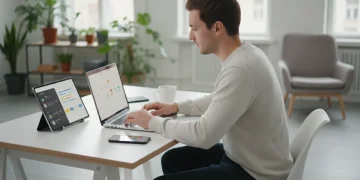 Pessoa focada usando aplicativos de produtividade em um ambiente de trabalho moderno.