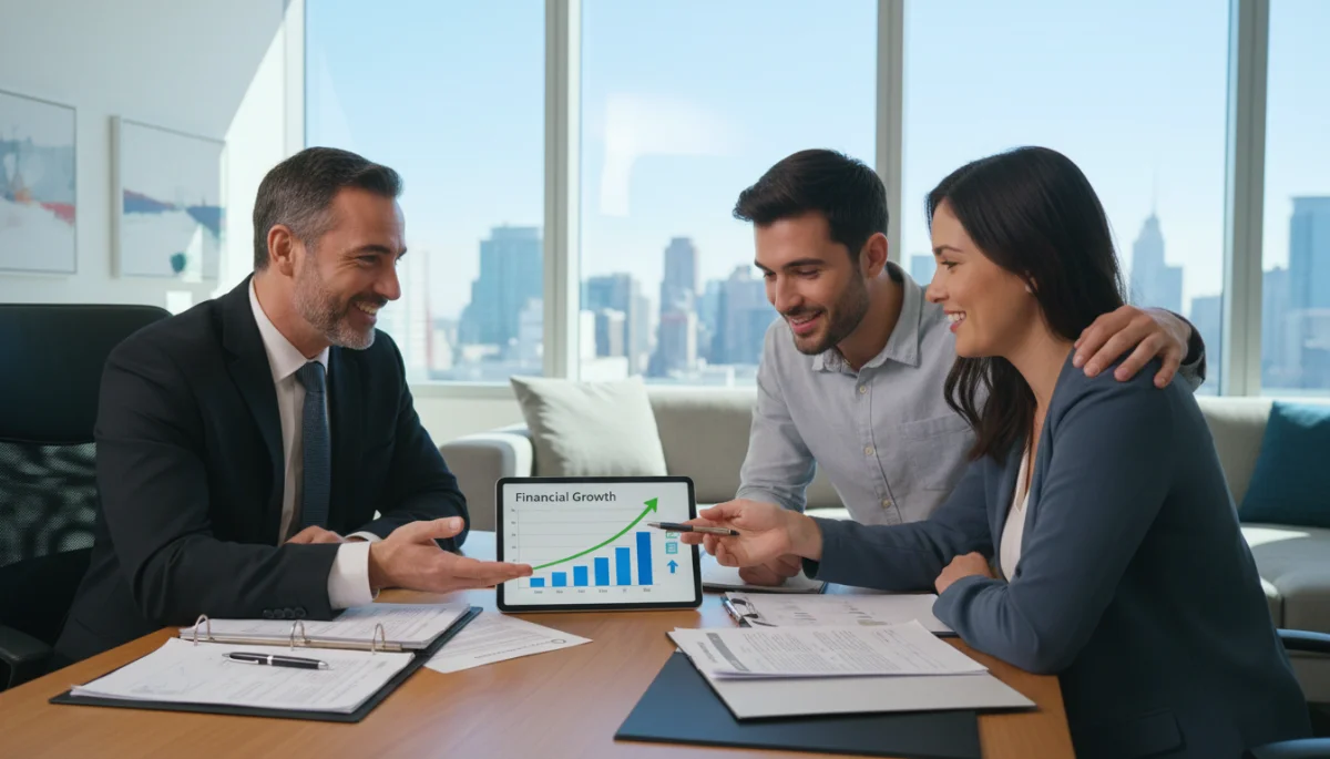 Profissionais e casal discutindo opções de crédito imobiliário em um escritório moderno, com gráficos de crescimento financeiro ao fundo.