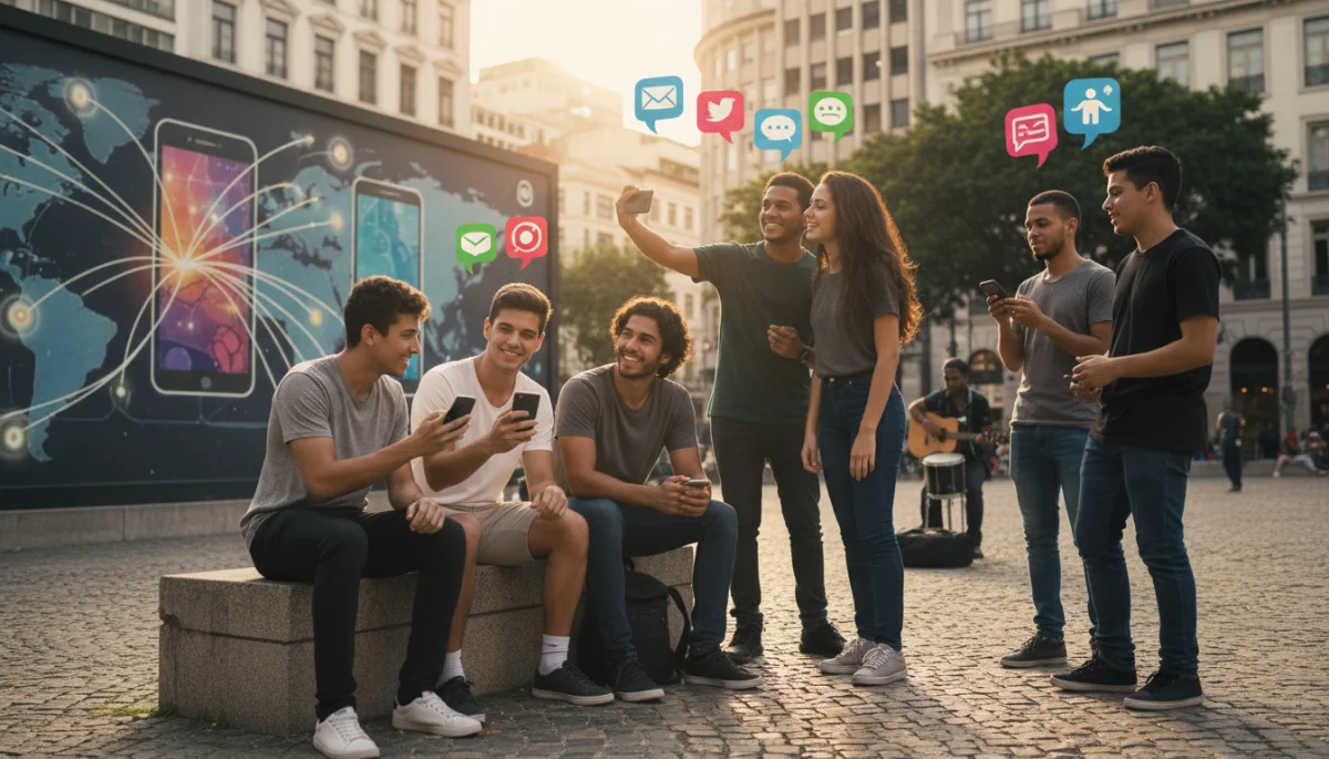 Jovens brasileiros utilizando smartphones, destacando a importância dos aplicativos na vida cotidiana.